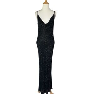 Black Beaded Silk Dress with Spaghetti Straps and Cowl neck